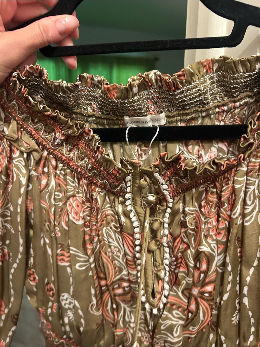 Smocked Boho Peasant Top with Coral & White Print